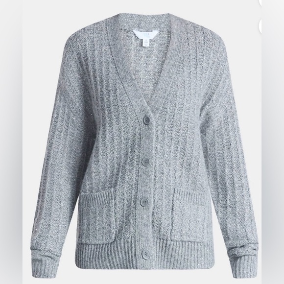 Time and Tru Sweaters - Time and Tru Sequin Cardigan Sweater Gray Ribbed Knit XS Holiday Shimmer Sparkle